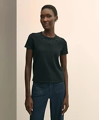 Merino-Wool-Cotton Blend Floral Embellished Short-Sleeve Sweater Shell