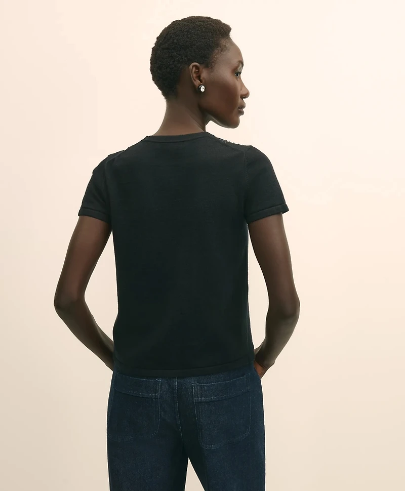 Merino-Wool-Cotton Blend Floral Embellished Short-Sleeve Sweater Shell