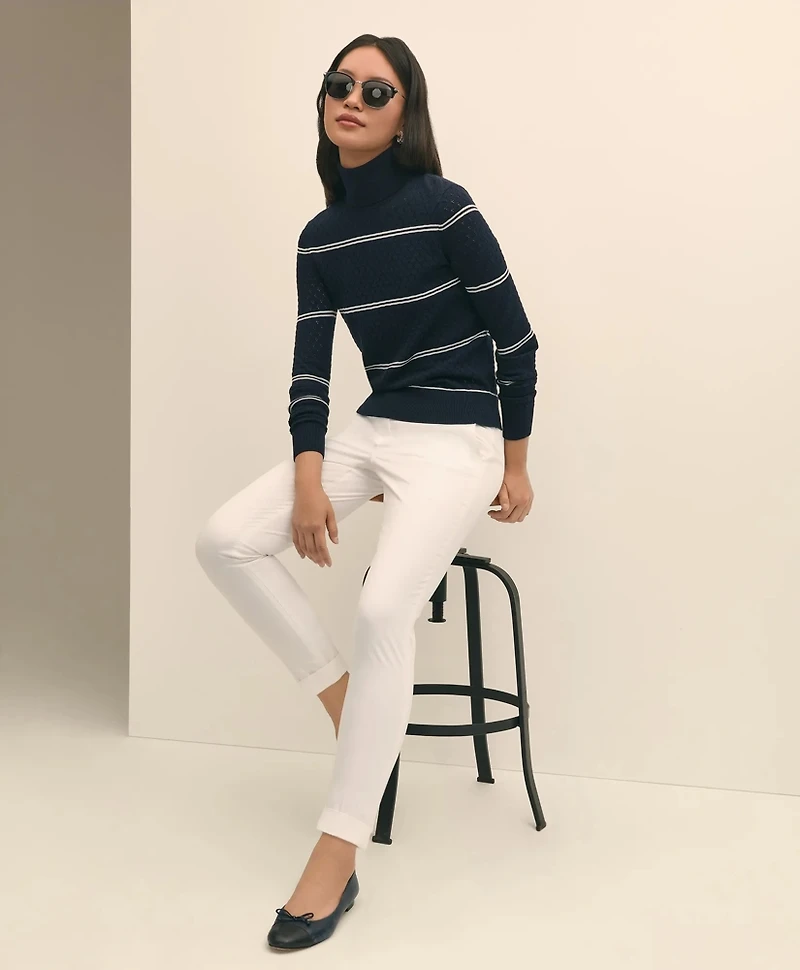 Merino Wool Striped Pointelle Turtleneck