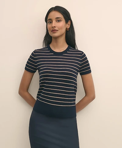 Merino Wool Striped Short-Sleeve Sweater Shell