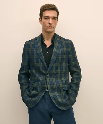 Classic Fit Linen Blazer Black Watch Tartan