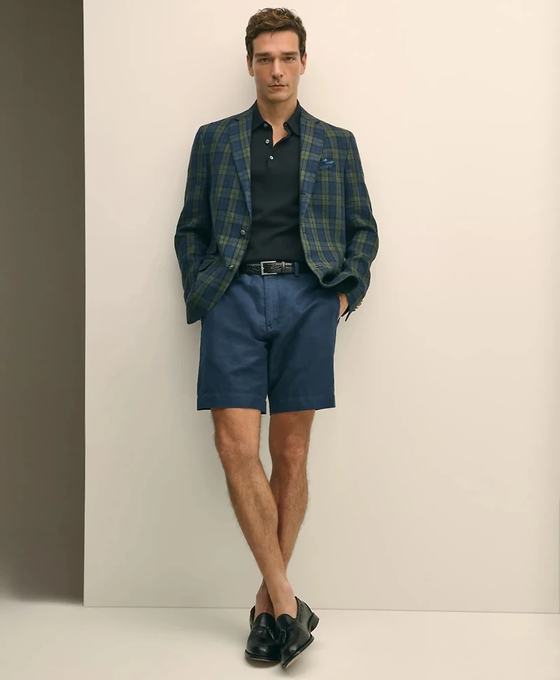 Classic Fit Linen Blazer Black Watch Tartan