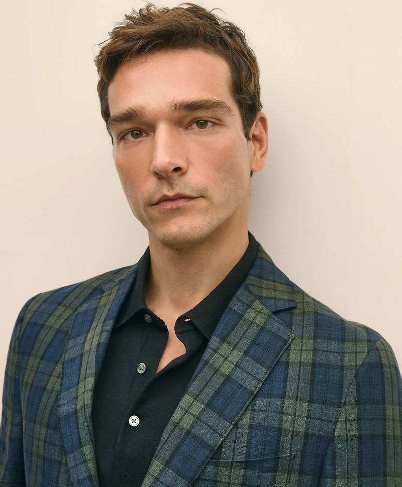 Classic Fit Linen Blazer Black Watch Tartan