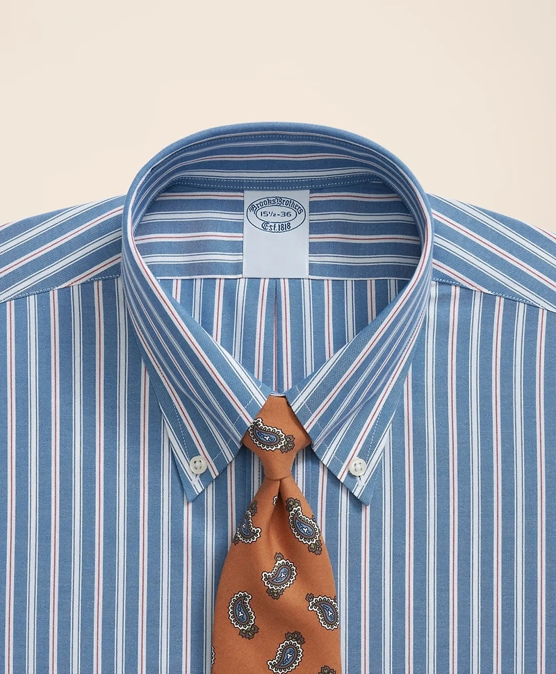 Stretch Supima<sup>®</sup> Cotton Non-Iron Pinpoint Oxford Polo Button Down Collar, Track Stripe Dress Shirt