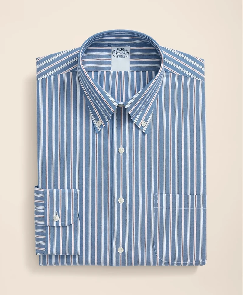 Stretch Supima<sup>®</sup> Cotton Non-Iron Pinpoint Oxford Polo Button Down Collar, Track Stripe Dress Shirt