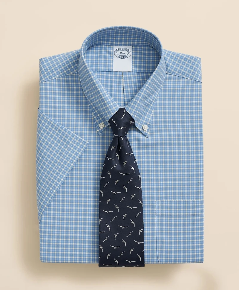 Stretch Supima<sup>®</sup> Cotton Non-Iron Broadcloth Polo Button-Down Collar, Checked Short-Sleeve Dress Shirt
