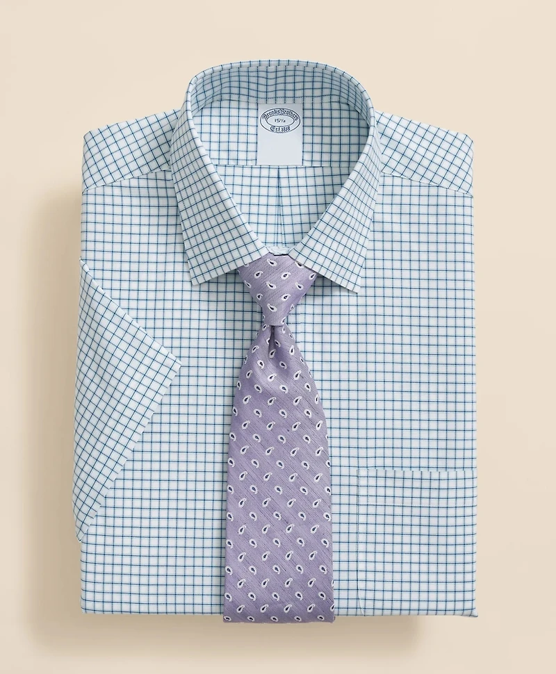 Stretch Supima<sup>®</sup> Cotton Non-Iron Broadcloth Ainsley Collar, Windowpane Short-Sleeve Dress Shirt
