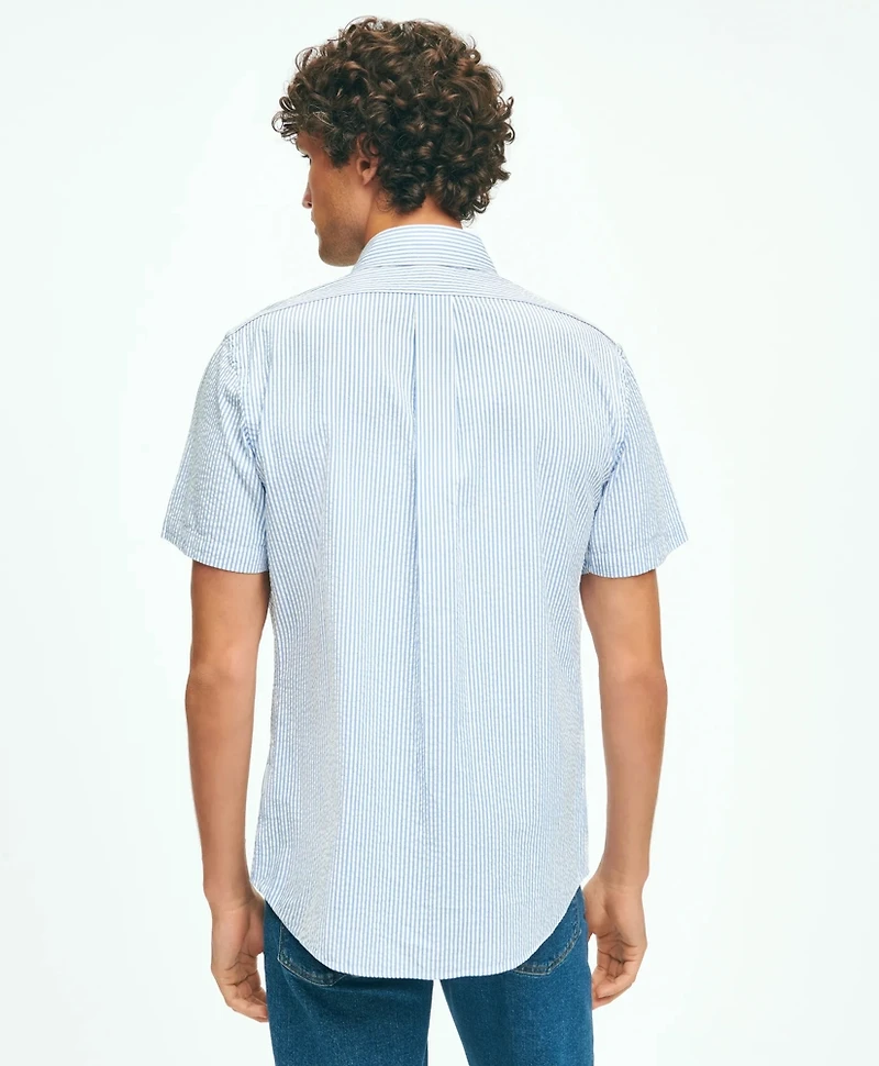 Washed Cotton Seersucker Button-Down Collar, Stripe Short-Sleeve Sport Shirt