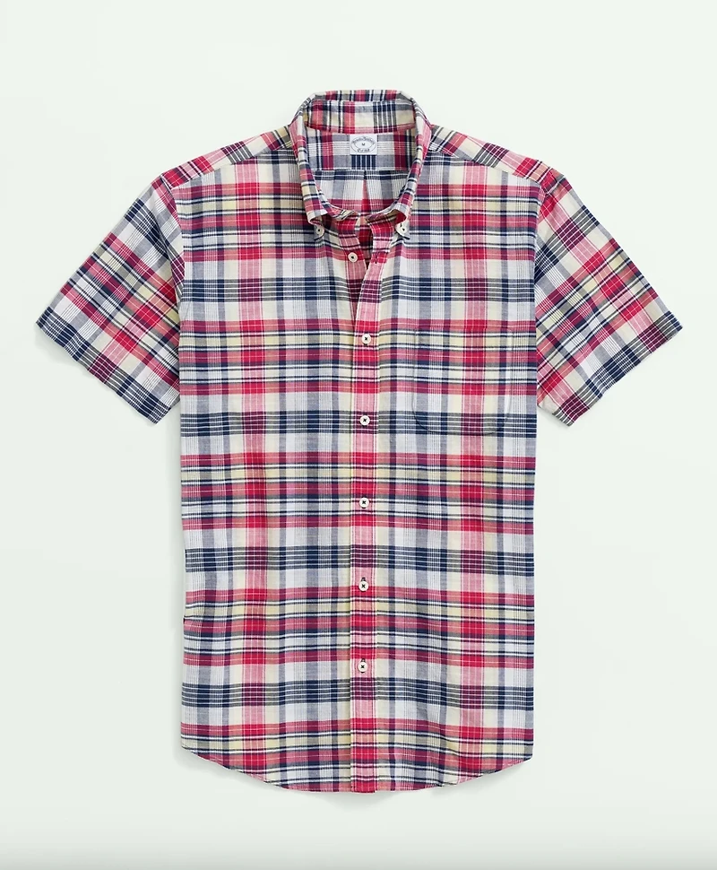 Washed Cotton Madras Short Sleeve Button-Down Collar Sport Shirt