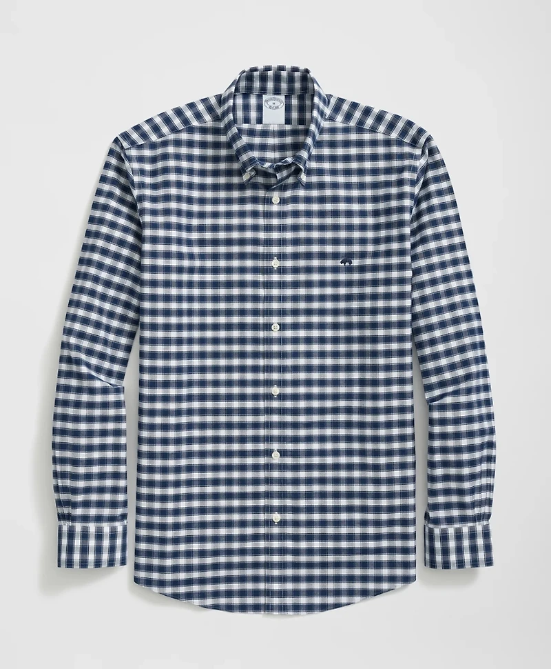 Stretch Cotton Non-Iron Oxford Polo Button Down Collar, Outline Check Shirt