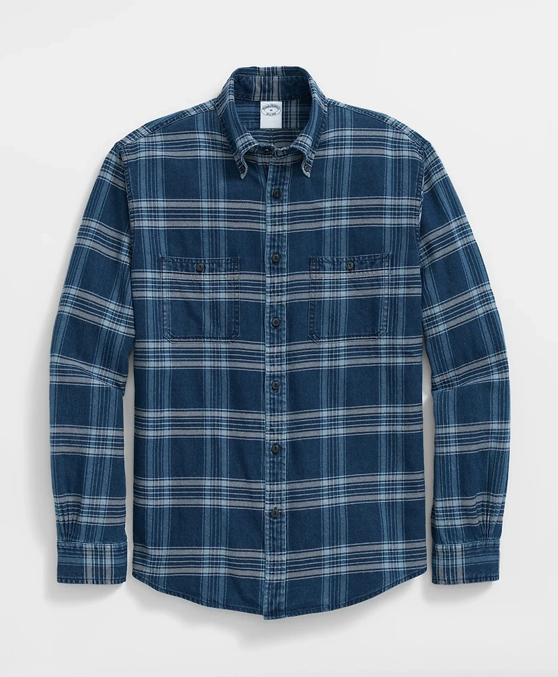 Denim Yard Work Shirt Bold Indigo Plaid Cotton