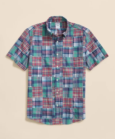 Washed Cotton Patchwork Madras Polo Button-Down Collar