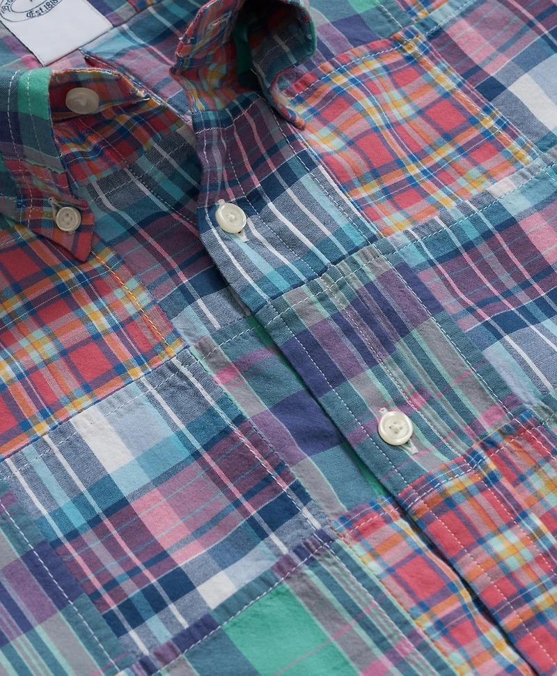 Washed Cotton Patchwork Madras Polo Button-Down Collar