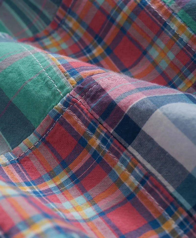 Washed Cotton Patchwork Madras Polo Button-Down Collar