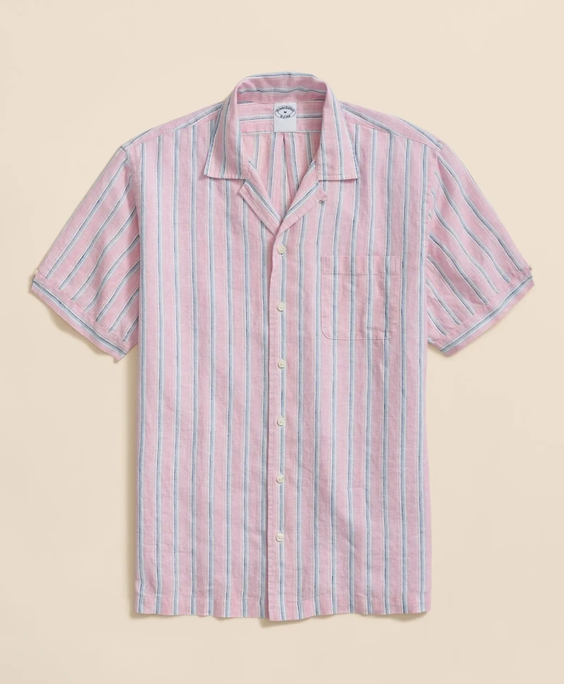 Irish Linen Camp Collar, Archive Stripe Short-Sleeve Shirt