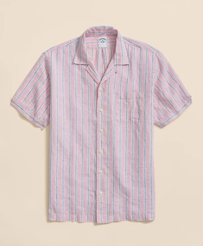 Irish Linen Camp Collar, Archive Stripe Short-Sleeve Shirt