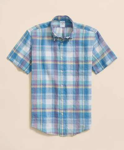 Irish Linen Polo Button Down Collar, Checked Short-Sleeve Shirt