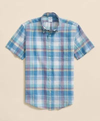 Irish Linen Polo Button Down Collar, Checked Short-Sleeve Shirt