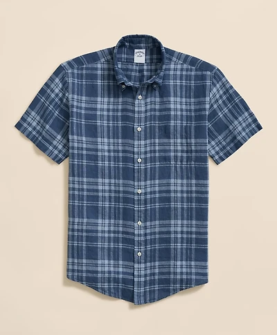 Irish Linen Polo Button Down Collar, Plaid Short-Sleeve Shirt