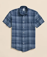 Irish Linen Polo Button Down Collar, Plaid Short-Sleeve Shirt