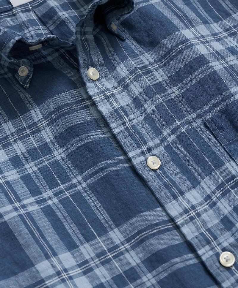 Irish Linen Polo Button Down Collar, Plaid Short-Sleeve Shirt