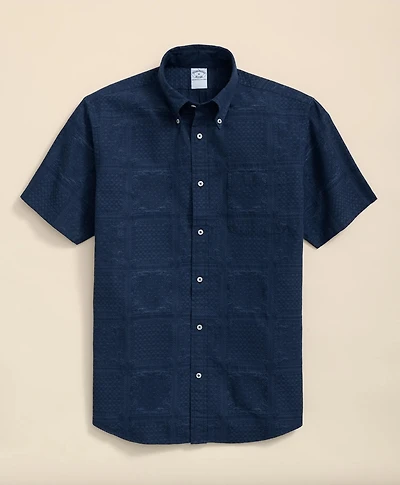 Cotton Jacquard Polo Button Down Collar, Patchwork Short-Sleeve Shirt