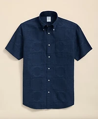 Cotton Jacquard Polo Button Down Collar, Patchwork Short-Sleeve Shirt