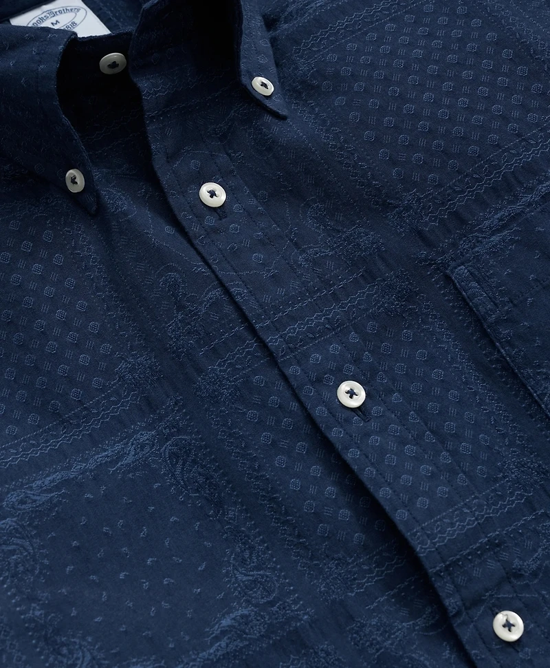 Cotton Jacquard Polo Button Down Collar, Patchwork Short-Sleeve Shirt
