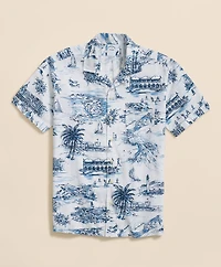 Linen Cotton Camp Collar, Bermuda Toile Short-Sleeve Shirt