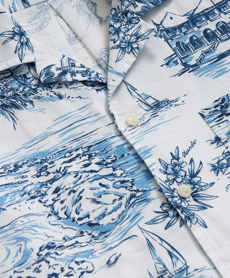 Linen Cotton Camp Collar, Bermuda Toile Short-Sleeve Shirt