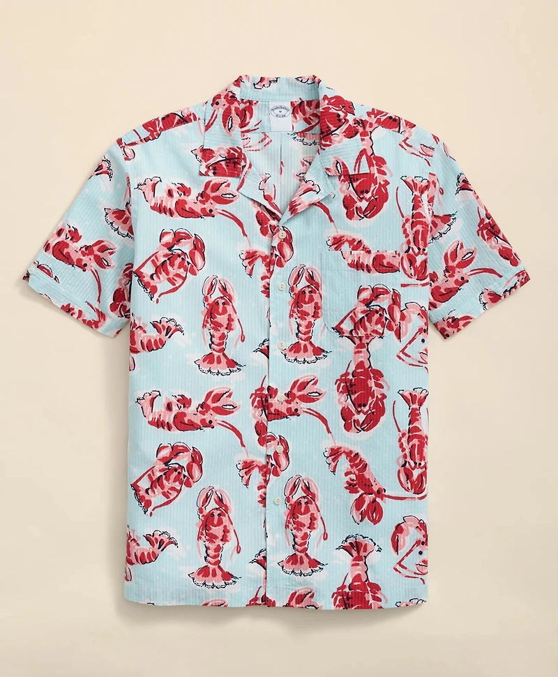 Cotton Seersucker Camp Collar, Lobster Short-Sleeve  Shirt