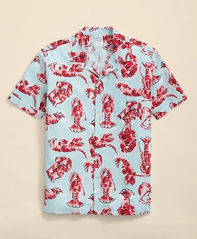 Cotton Seersucker Camp Collar, Lobster Short-Sleeve  Shirt