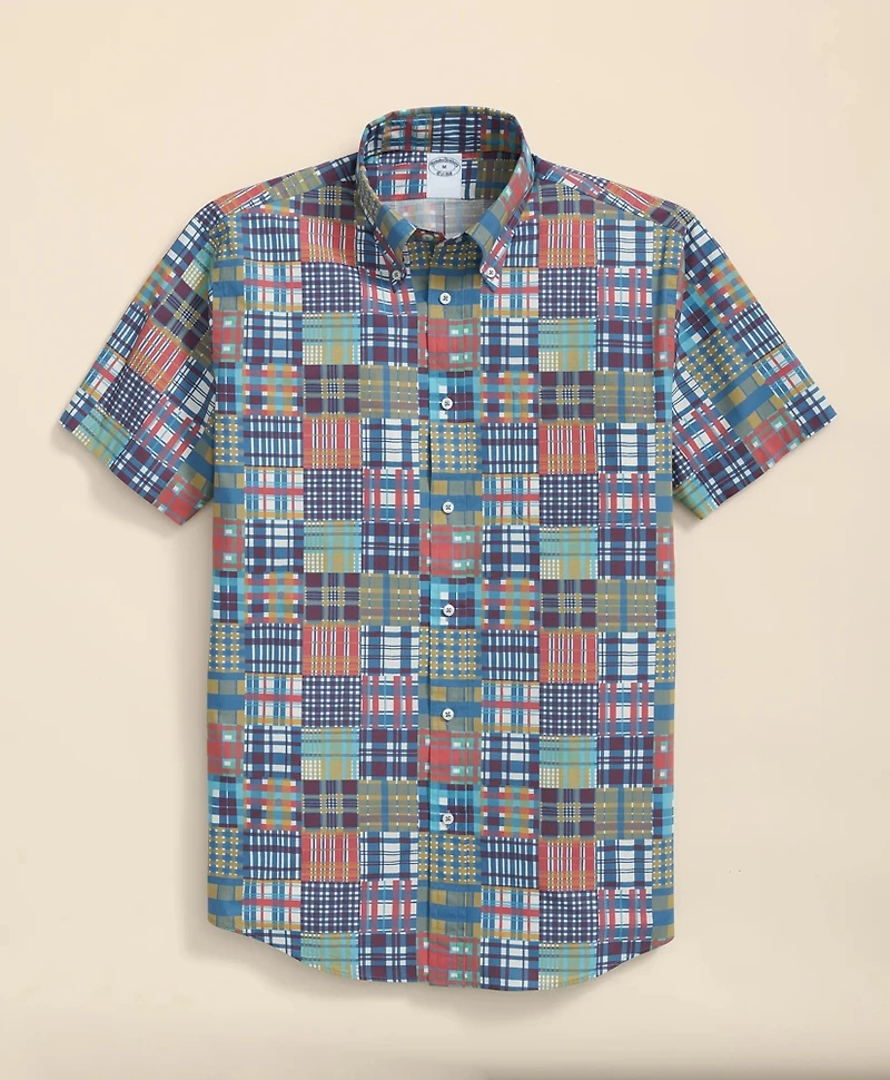 Cotton Polo Button-Down Collar, Patchwork Plaid Short-Sleeve Shirt