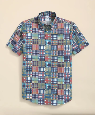 Cotton Polo Button-Down Collar, Patchwork Plaid Short-Sleeve Shirt