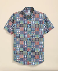 Cotton Polo Button-Down Collar, Patchwork Plaid Short-Sleeve Shirt