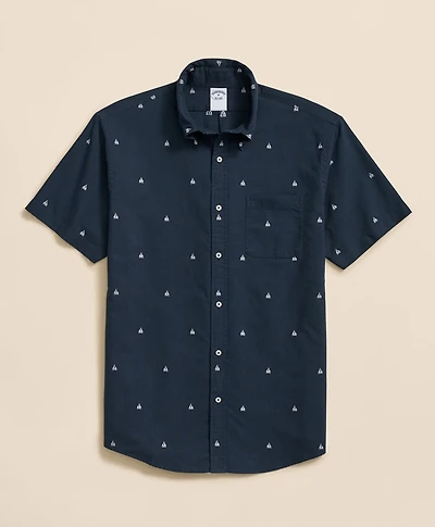 Cotton Polo Button-Down Collar, Embroidered Boat Short-Sleeve Shirt