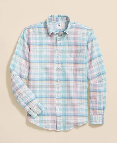Irish Linen Polo Button Down Collar, Multi Plaid Shirt