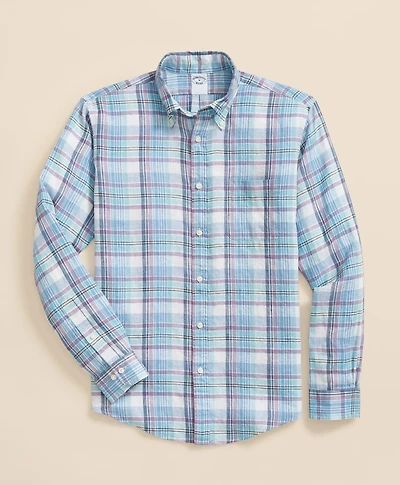 Irish Linen Polo Button Down Collar, Plaid Shirt