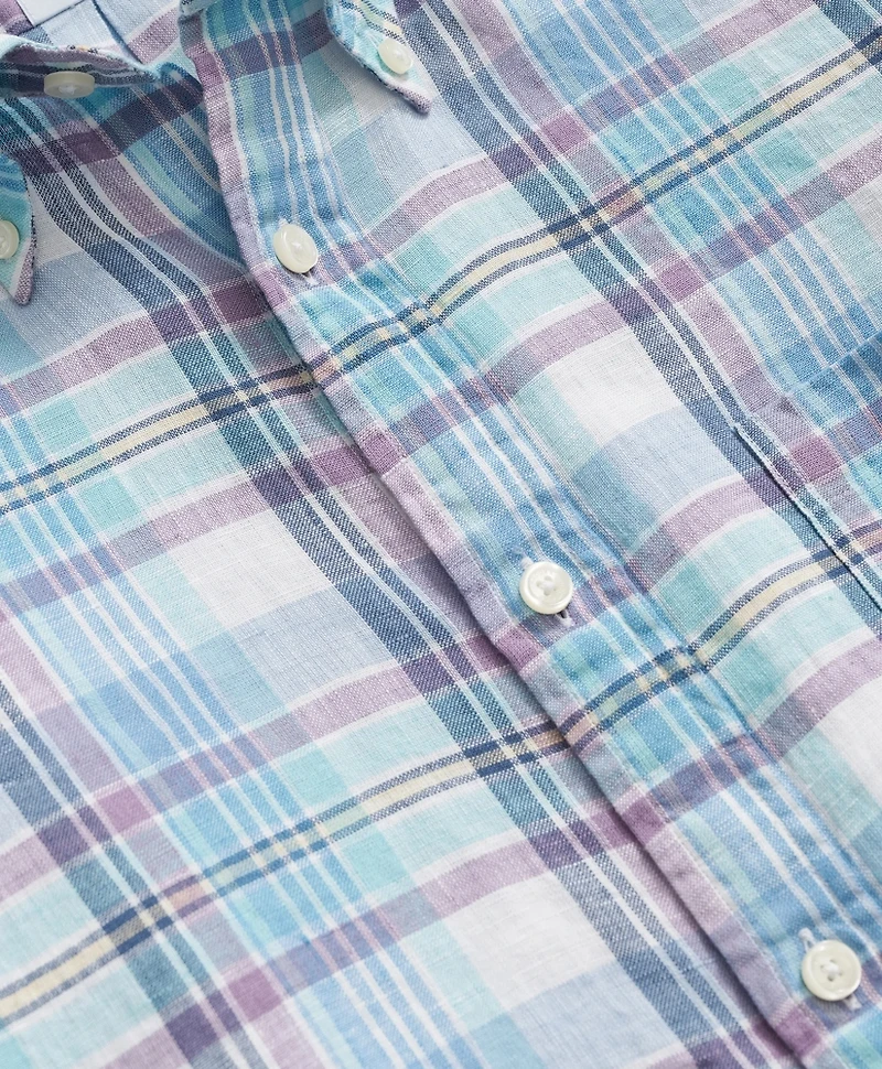 Irish Linen Polo Button Down Collar, Plaid Shirt