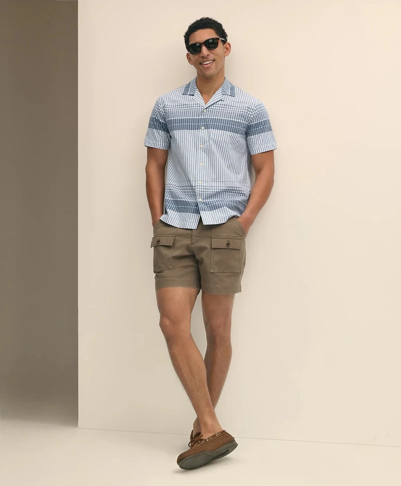 Cotton Camp Collar, Border Plaid Short-Sleeve Shirt