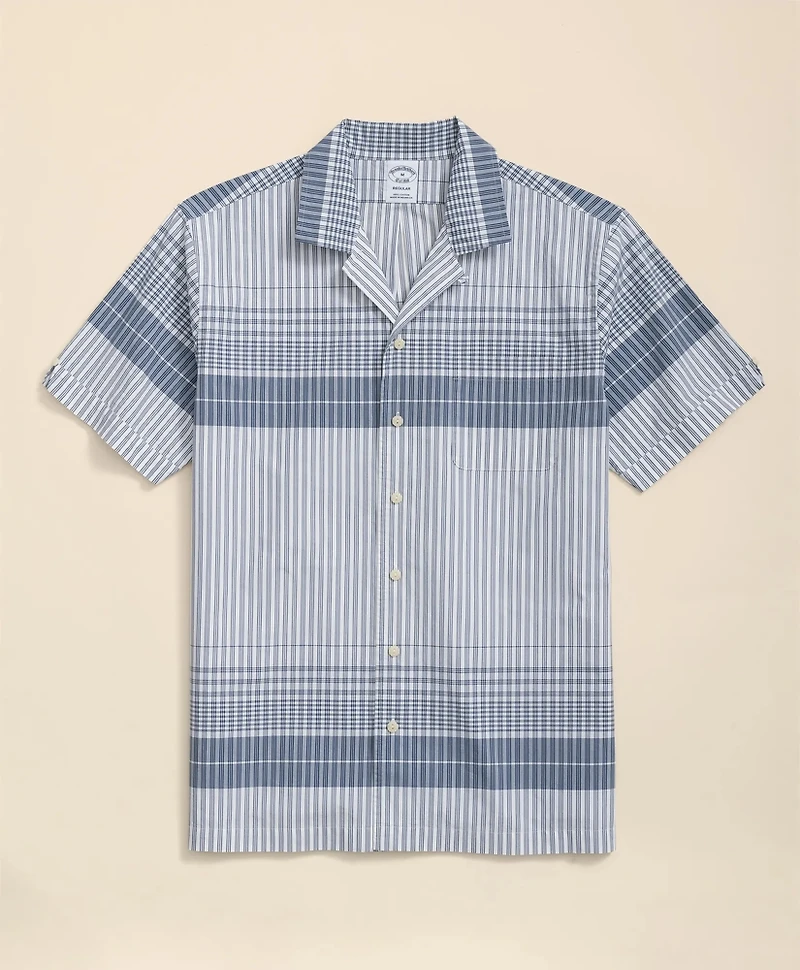 Cotton Camp Collar, Border Plaid Short-Sleeve Shirt