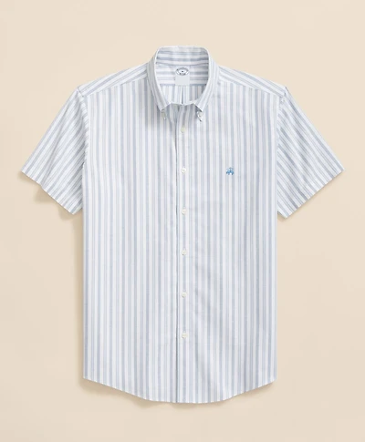 Stretch Cotton Non-Iron Oxford Polo Button-Down Collar, Outline Stripe Short-Sleeve Shirt