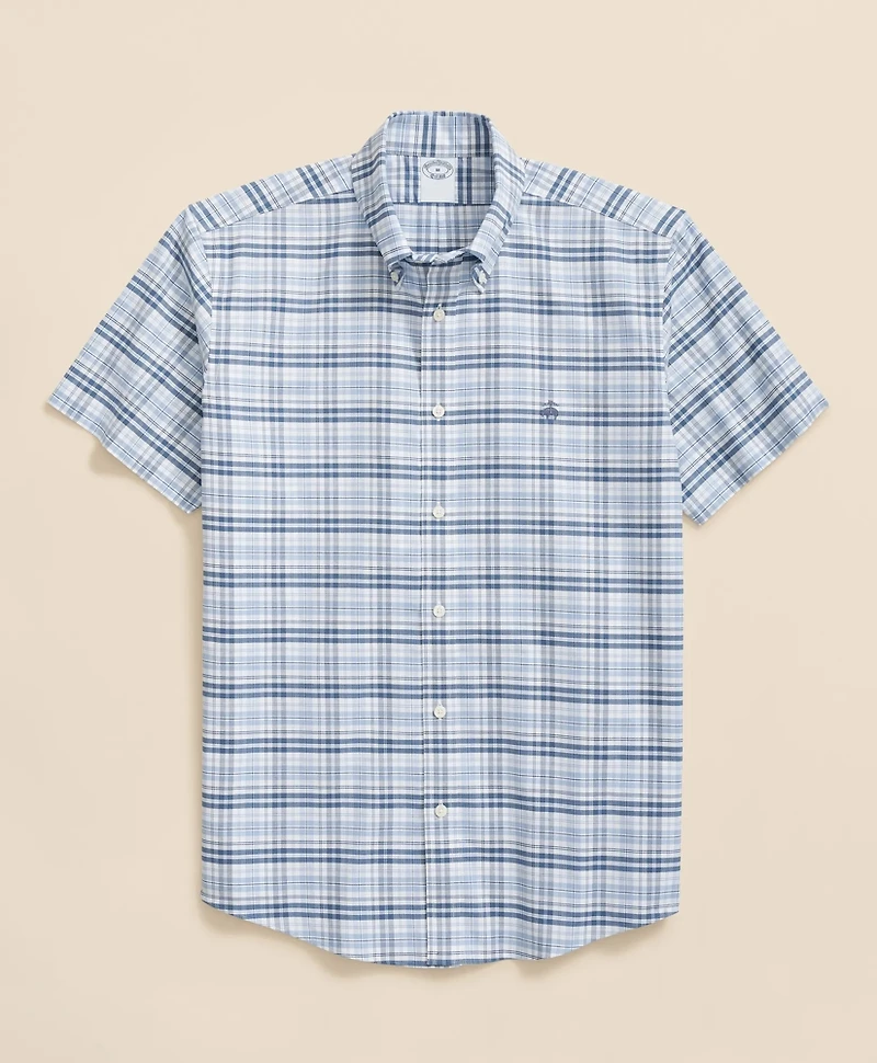 Stretch Cotton Non-Iron Oxford Button-Down Collar, Checked Short-Sleeve Shirt
