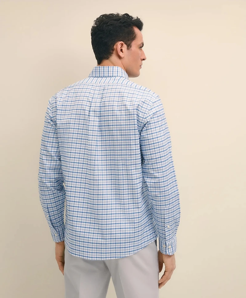 Stretch Cotton Non-Iron Oxford Polo Button-Down Collar, Outline Check Shirt