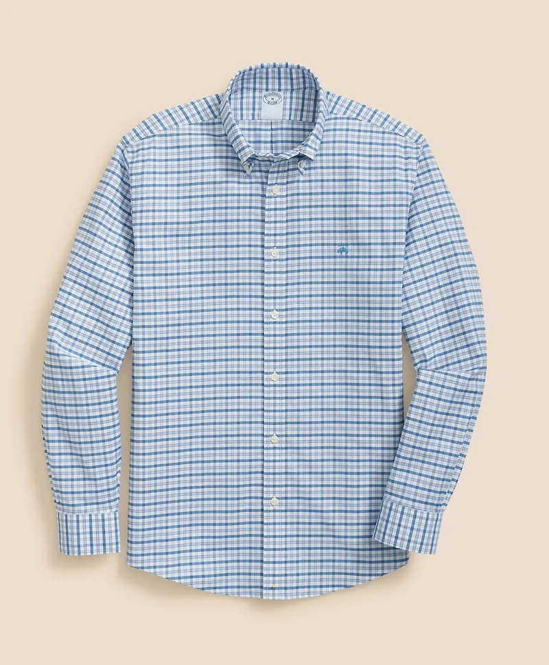 Stretch Cotton Non-Iron Oxford Polo Button-Down Collar, Outline Check Shirt