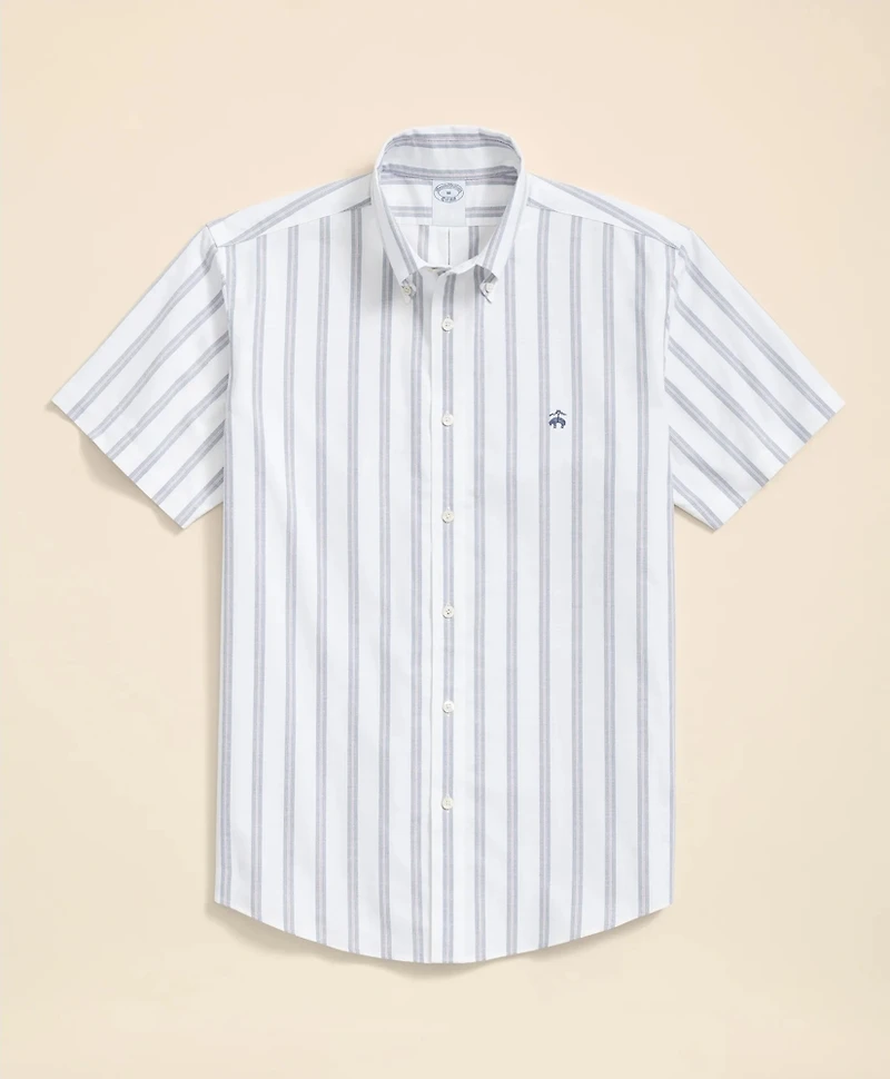 Stretch Cotton Non-Iron Oxford Polo Button Down Collar, Striped Short-Sleeve Shirt