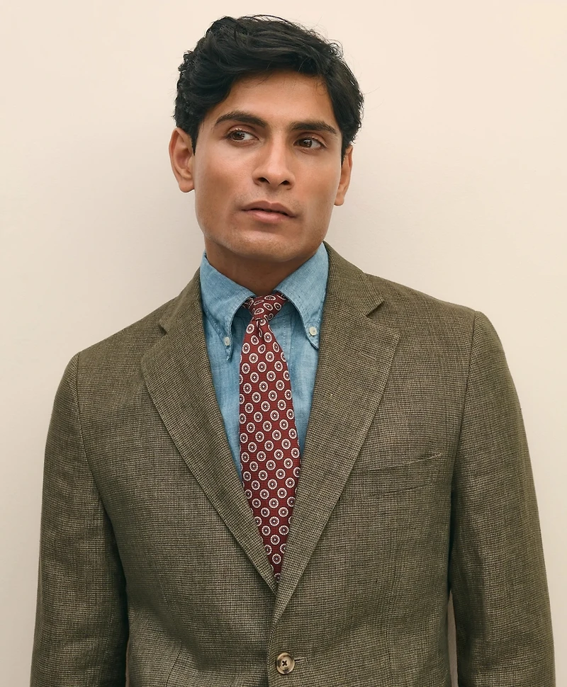 Slim Fit Houndstooth Linen Suit Jacket