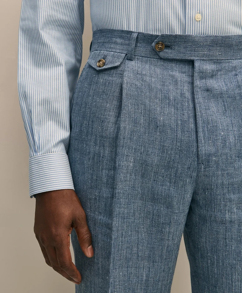 Classic Fit Herringbone Linen Single-Pleat Suit Pants
