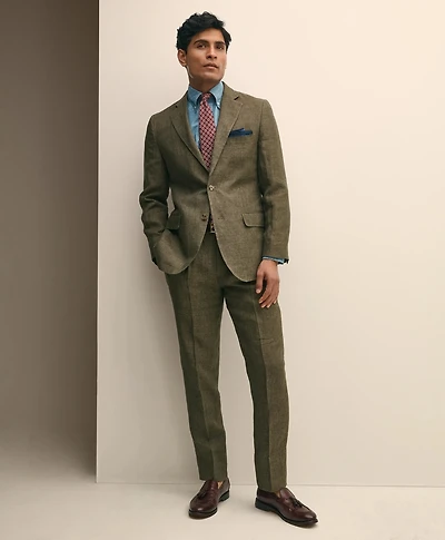 Slim Fit Houndstooth Linen Single-Pleat Suit Pants