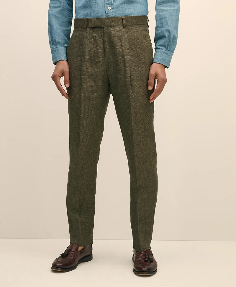 Slim Fit Houndstooth Linen Single-Pleat Suit Pants